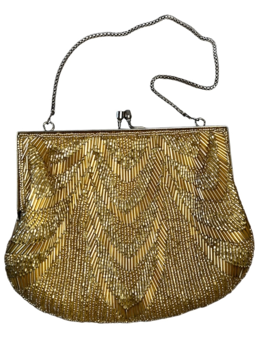 Vintage La Regale Ltd Gold Beaded Chevron Evening Bag Kiss Lock chain strap